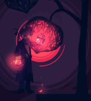 Rule 34 | 1boy, 8osakana san8, belt, chinese lantern (plant), coat, commentary request, full body, hair over one eye, hat, holding, holding lantern, lamplighter (oneshot), lantern, light particles, male focus, oneshot (game), purple hair, scarf, shirt, shirt tucked in, short hair, solo, standing, tree, white shirt