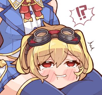 !? 2girls blonde_hair blue_skirt blue_thighhighs breasts commentary english_commentary goggles goggles_on_head hair_between_eyes highres hololive hololive_indonesia kaela_kovalskia kukie-nyan large_breasts long_hair miniskirt multiple_girls no_pupils pleated_skirt red_eyes scissorhold simple_background skirt solo_focus thighhighs thighs tokino_sora virtual_youtuber white_background