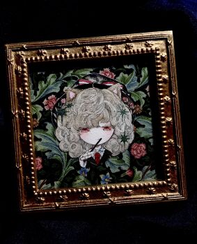 Rule 34 | 1girl, acrylic paint (medium), animal ears, black background, black suit, blazer, blonde hair, blue flower, blush, canvas texture, cat ears, closed mouth, collared shirt, commentary request, curly hair, floral background, flower, flower request, formal clothes, gloves, gold trim, hair ornament, hairclip, half-closed eyes, headband, highres, holding, jacket, karintoun, karintoun (karintoun), leaf, looking at viewer, necktie, original, painting (medium), pale skin, photo (medium), picture frame, portrait, red eyes, red flower, red necktie, ribbon, rose, shadow, shirt, short hair, signature, solo, straight-on, striped ribbon, suit, swept bangs, traditional media, watercolor (medium), wavy hair, white gloves