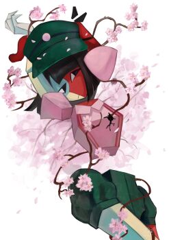 1girl black_hair blunt_bangs blunt_ends bob_cut colored_skin cubism ena:_dream_bbq ena_(dream_bbq) ena_(series) ena_(species) floating_head green_hat hat highres low_poly meanie_ena multicolored_skin red_skin shirt short_sleeves simple_background split-color_skin two-tone_skin usagimarumei