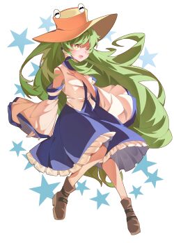 1girl blue_skirt brown_hat brown_shoes commentary_request detached_sleeves frilled_skirt frills full_body green_hair hair_tubes hat highres kochiya_sanae long_hair looking_at_viewer nymphus open_mouth shirt shoes sidelocks skirt smile solo star_(symbol) touhou very_long_hair white_background white_shirt wide_sleeves yellow_eyes