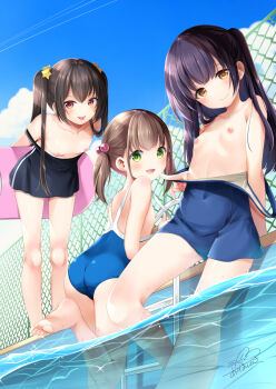 3girls :d ass azuma_yuki bad_id bad_pixiv_id bare_arms bare_shoulders barefoot black_hair black_one-piece_swimsuit blue_one-piece_swimsuit blue_sky blush breasts brown_eyes brown_hair chain-link_fence closed_mouth clothes_pull cloud commentary_request covered_navel day dress_swimsuit fence green_eyes hair_bobbles hair_ornament highres kickboard leaning_forward loli long_hair multiple_girls nipples one-piece_swimsuit one-piece_swimsuit_pull open_mouth original outdoors pool pool_ladder poolside red_eyes signature sky small_breasts smile soles standing star_(symbol) star_hair_ornament strap_slip swimsuit topless_female twintails very_long_hair water