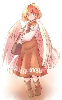 1girl animal animal_on_head baby_animal bag bird bird_on_head blonde_hair boots brown_boots chick collar commentary_request feathered_wings full_body handbag high-waist_skirt light_blush light_smile long_sleeves multicolored_hair neckerchief niwatari_kutaka on_head orange_background orange_collar orange_skirt rangycrow red_eyes red_hair red_neckerchief shirt sideways_glance skirt solo split_mouth touhou two-tone_hair white_shirt wings yellow_wings