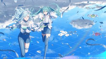 2girls absurdres aqua_eyes aqua_hair asymmetrical_pants belted_jacket blue_boots blue_dress blue_eyes blue_gloves blue_hair blue_pants boots bow chain chain_earrings closed_mouth cloud collarbone commentary_request copyright_notice countdown_illustration detached_sleeves dress envelope gloves green_bow grow_glorious_glow_(project_sekai) guest_art hair_between_eyes hand_up hatsune_miku highres hinomori_shizuku jacket long_hair looking_at_viewer mole mole_under_mouth more_more_jump!_miku multiple_girls official_alternate_costume official_art overskirt pants partially_unzipped pen petals project_sekai red_petals running second-party_source see-through_clothes see-through_cutout shirt sidelocks signature single_thighhigh sleeveless sleeveless_jacket sleeveless_shirt smile sorashiroumi streamers teeth thigh_boots thighhighs two-sided_gloves very_long_hair vocaloid white_jacket white_sleeves white_thighhighs zipper_footwear