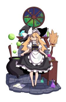 apron black_dress black_hat blonde_hair book book_stack bow breasts broom brown_eyes bubble cauldron clothes_lift crescent_moon dress dress_lift hat highres kirisame_marisa long_hair moon night one_eye_closed potion shelf sky small_breasts smug_suriipi star_(sky) star_(symbol) touhou waist_apron white_apron white_bow witch_hat