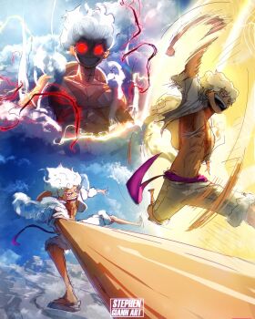 1boy absurdres alternate_form attack commentary evil_smile gear_fifth hagoromo haki_(one_piece) highres looking_ahead looking_at_viewer male_focus monkey_d._luffy multiple_views one_piece outdoors purple_sash red_eyes sandals sash shawl shirt shorts smile stephengiannart watermark white_hair white_shirt white_shorts