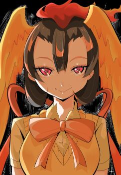 Rule 34 | 1girl, animal ears, bird girl, bird wings, black hair, breasts, commentary request, head wings, hi no tori, hi no tori (kemono friends), highres, kamisamanosaba, kemono friends, large breasts, looking at viewer, red eyes, ribbon, shirt, short hair, short sleeves, smile, solo, sweater vest, wings