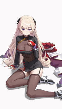 1girl absurdres black_dress black_thighhighs blonde_hair breasts bridal_gauntlets brown_corset commission corset dress g3_(girls&#039;_frontline) g3_(mod3)_(girls&#039;_frontline) girls&#039;_frontline hairpods hand_up high_heels highres llami_0 long_sleeves looking_at_viewer medium_breasts mixed-language_commentary pixiv_commission purple_eyes red_bridal_gauntlets see-through_cleavage see-through_clothes simple_background sitting solo thighhighs white_background yokozuwari