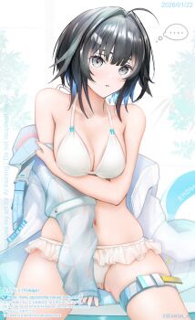 ... 1girl ahoge arknights belt bikini black_hair blue_hair blue_jacket breasts commentary commentary_request english_commentary frilled_bikini frills grey_eyes hair_intakes jacket la_pluma_(arknights) la_pluma_(summer_flowers)_(arknights) large_breasts looking_at_viewer midriff mixed-language_commentary multicolored_hair navel official_alternate_costume short_hair skindentation solo speech_bubble spoken_ellipsis swimsuit thigh_belt thigh_strap thighs thought_bubble two-tone_hair white_bikini yokaze_(yokajie)