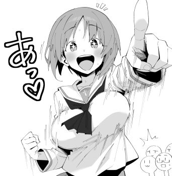 1girl :d blush bouncing_breasts breasts clenched_hand commentary_request girls_und_panzer greyscale henyaan_(oreizm) highres large_breasts looking_at_viewer monochrome neckerchief nishizumi_miho ooarai_school_uniform open_mouth sailor_collar school_uniform short_hair simple_background smile solo_focus sparkling_eyes teeth upper_teeth_only white_background