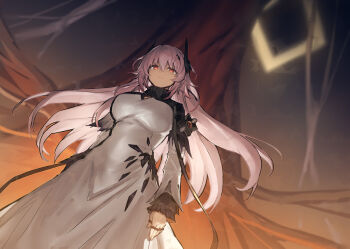 Rule 34 | 1girl, arknights, black horns, breasts, closed mouth, dress, dutch angle, floating hair, horns, jewelry, large breasts, layered sleeves, long hair, long sleeves, looking at viewer, melon22, multiple rings, pink hair, red eyes, ring, solo, theresa (arknights), white dress