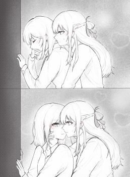 2girls blush braid collared_shirt commentary ear_blush english_commentary eye_contact greyscale hair_ribbon half_up_braid hand_on_another&#039;s_neck heart highres implied_fingering licking licking_another&#039;s_neck long_hair looking_at_another medium_hair mim120809 miyagi_shiori monochrome multiple_girls parted_lips ribbon sendai_hazuki shirt shuuniichido_classmate_wo_kau_hanashi spot_color sweat yuri