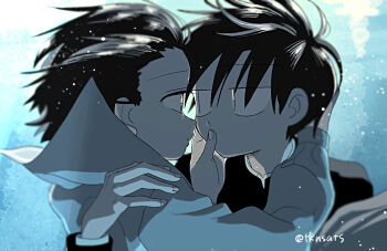 1boy 1girl black_hair commentary_request couple eye_contact gakuran hand_on_another's_face looking_at_another original profile school_uniform serafuku short_hair takanashi_atashi underwater upper_body