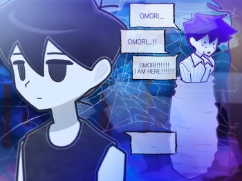 ... 2boys antenna_hair black_eyes black_hair black_tank_top closed_mouth colored_skin double-parted_bangs english_text expressionless hero_(headspace)_(omori) hero_(omori) looking_at_another male_focus multiple_boys omori omori_(omori) purple_hair pyoppyop_omori short_hair silk speech_bubble spider_web spoken_ellipsis sweat tank_top tree white_skin