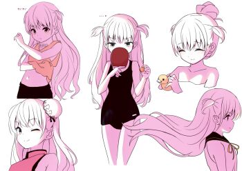 Rule 34 | ..., 1girl, ;), ball, bare arms, bare shoulders, black one-piece swimsuit, black sailor collar, blush, bun cover, closed mouth, collarbone, commentary request, covering own mouth, cowboy shot, double bun, dress, floating hair, frilled shirt, frills, from side, hair bun, hands up, happy, holding, holding ball, holding table tennis paddle, katou umi, limited palette, long hair, looking ahead, looking at viewer, looking down, multiple views, navel, neck ribbon, official alternate costume, one-piece swimsuit, one eye closed, orange shirt, profile, ribbon, rubber duck, sailor collar, sailor dress, serious, shirt, simple background, single hair bun, sleeveless, sleeveless dress, sleeveless shirt, smile, sound effects, split mouth, summer pockets, swimsuit, table tennis ball, tagame (tagamecat), two side up, upper body, v-shaped eyebrows, very long hair, white background, yellow ribbon