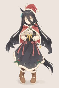 Rule 34 | 1girl, ahoge, animal ears, black hair, black pantyhose, black skirt, boots, bow, box, brown boots, capelet, christmas, closed mouth, commentary, ear tag, earrings, fur-trimmed capelet, fur-trimmed headwear, fur trim, gift, gift box, hair between eyes, hat, highres, holding, holding gift, holly, horse ears, horse girl, horse tail, jewelry, long bangs, long hair, long hair between eyes, long sleeves, looking at viewer, manhattan cafe (umamusume), multicolored hair, pantyhose, re1m1, red bow, red capelet, red hat, santa hat, shirt, simple background, single earring, skirt, smile, solo, tail, umamusume, very long hair, white hair, white shirt, yellow bow, yellow eyes