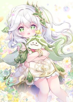 1girl :o absurdres aranara_(genshin_impact) bare_shoulders bloomers blush bracelet chiika_(cure_cherish) commentary_request dated detached_sleeves dress falling_petals feet_out_of_frame genshin_impact gold_trim gradient_hair green_eyes green_hair green_sleeves hair_between_eyes hair_ornament highres holding jewelry leaf_hair_ornament long_hair looking_at_viewer multicolored_hair nahida_(genshin_impact) petals pointy_ears side_ponytail signature sleeveless sleeveless_dress solo star-shaped_pupils star_(symbol) symbol-shaped_pupils underwear white_bloomers white_dress white_hair