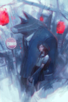 1boy 1girl alex_chow backpack bag black_hair black_skirt blouse blue_neckwear book business_suit city diagonal-striped_clothes diagonal-striped_necktie facial_mask fantasy formal_clothes furry glasses harpy holding holding_book lantern lips long_hair monster_girl neckerchief necktie no_entry_sign original outdoors paper_lantern personification pleated_skirt road_sign school_uniform serafuku shinjuku_(tokyo) shirt sign skirt standing stop_sign striped_clothes striped_neckwear suit tokyo_(city) waiting white_shirt winged_arms wings wolf