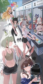 5girls :d ^_^ ahoge amiya_(arknights) animal_ears antennae arknights arm_up balloon black_choker black_pants black_shorts black_sports_bra blue_eyes blue_sky breasts building carrying cat_ears cat_girl ceobe_(arknights) character_doll choker cleavage closed_eyes commentary crane_game cropped_shirt day doctor_(arknights) doll dragon_bean_(arknights) earrings extra_ears exusiai_(apple)_(arknights) exusiai_(arknights) fang green_eyes green_shirt grin heart_balloon highres horns hoshiguma_(arknights) ice_cream_cone jewelry kal'tsit_(arknights) kal'tsit_(puppet)_(arknights) large_breasts looking_at_viewer mon3tr_(arknights) multiple_girls nian_(arknights) off_shoulder open_mouth outdoors pants piggyback priestess_(arknights) purple_shirt rabbit_ears rabbit_girl rhodes_island_logo_(arknights) sandals shirt short_hair shorts skin_fang sky skyscraper smile sports_bra stronghold_protocol_(arknights) tank_top theresa_(arknights) tree untranslatable_commentary w_(arknights) waffle_cone white_sandals white_shirt white_shorts yellow_eyes yorei_8338
