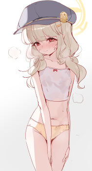 1girl absurdres aoba_(blue_archive) arm_at_side arm_between_legs bare_arms bare_legs between_legs between_thighs blonde_hair blue_archive blush breath camisole closed_mouth collarbone cowboy_shot crop_top crying crying_with_eyes_open dot_nose embarrassed flat_chest furrowed_brow gradient_hair grey_background hair_ornament hair_over_shoulder hair_tie hairclip halo hand_between_legs hand_on_own_thigh hashtag-only_commentary hat highres legs_together loli long_hair looking_at_viewer low_twintails midriff multicolored_hair navel newsboy_cap nose_blush okottaroba panties peaked_cap puff_of_air pursed_lips red_eyes school_emblem simple_background single_bare_shoulder sketch solo spaghetti_strap standing sweat tareme tears thighs turning_head twintails underwear underwear_only wet wet_clothes white_background white_camisole yellow_halo yellow_panties