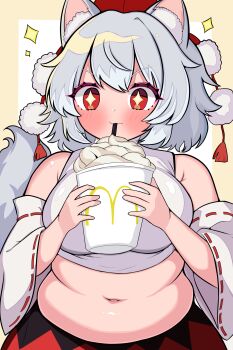 +_+ 1girl absurdres animal_ears black_skirt blush breasts closed_mouth commentary_request detached_sleeves fat grey_hair hat highres inubashiri_momiji kukurukurukuru large_breasts looking_at_viewer mcdonald&#039;s messy_hair midriff navel red_eyes red_hat red_skirt ribbon-trimmed_sleeves ribbon_trim short_hair sketch skirt star_(symbol) stomach tail tokin_hat touhou two-tone_skirt upper_body wolf_ears wolf_girl wolf_tail