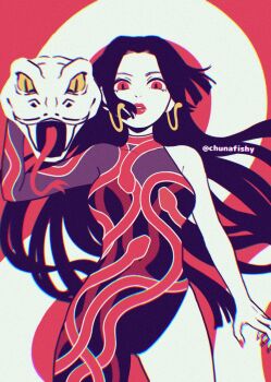 1girl black_hair boa_hancock bodysuit chromatic_aberration chunafishy commentary earrings english_commentary highres jewelry limited_palette long_hair looking_at_viewer one_piece parted_lips red_background red_eyes red_nails simple_background snake snake_earrings snake_print solo straight-on twitter_username very_long_hair