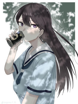 Rule 34 | 1girl, bang dream!, bang dream! it's mygo!!!!!, black hair, breasts, can, canned coffee, character name, commentary, dated, drink can, hair between eyes, happy birthday, highres, holding, holding can, long hair, medium breasts, mole, mole under eye, nagomu 7 56, purple eyes, sailor collar, school uniform, serafuku, shiina taki, solo, upper body, white sailor collar