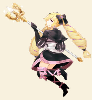 1girl aristocratic_clothes bad_link black_bow blonde_hair bow drill_hair earrings elise_(fire_emblem) fire_emblem fire_emblem_fates hair_bow highres jewelry kiimberu long_hair looking_at_viewer nintendo purple_eyes purple_hair smile twin_drills twintails