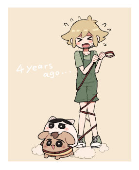 Rule 34 | > <, 1boy, animalization, antenna hair, basil (faraway) (omori), basil (omori), black eyes, black hair, blonde hair, blush, bright pupils, brown background, brown hair, cat, closed eyes, commentary request, dog, flying sweatdrops, green overalls, green shirt, green shoes, highres, holding, holding leash, kel (faraway) (omori), kel (omori), leash, male focus, okudo (okudo61), omori, open mouth, overall shorts, overalls, shirt, shoes, short hair, simple background, sneakers, solo, sunny (omori), sweatdrop, white pupils