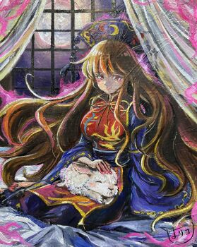 1girl absurdres animal animal_on_lap bed black_dress blonde_hair closed_mouth commentary_request dalachi_(headdress) dress energy full_moon harikona highres indoors junko_(touhou) long_hair long_sleeves moon night oil_painting_(medium) on_bed on_lap painting_(medium) petting pink_nails red_eyes red_tabard signature sitting smile solo tabard touhou traditional_media very_long_hair white_rabbit_(animal) wide_sleeves window