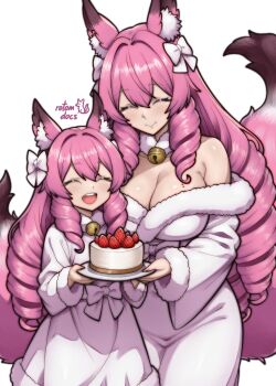 2girls :d absurdres akatsuki_(rotomdocs) animal_ears artist_logo bell birthday birthday_cake breasts cake child closed_eyes commentary cowboy_shot dress english_commentary food fox_ears fox_girl fox_tail hair_ribbon highres holding jingle_bell logo mole mole_on_breast mother_and_child mother_and_daughter multiple_girls open_mouth original parent_and_child pink_hair ribbon rotomdocs simple_background smile tail white_background white_dress white_ribbon yuki_(rotomdocs)