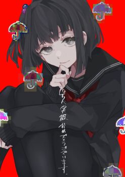 1girl a34403178 amemori_sayo amemori_sayo_(1st_costume) black_cardigan black_hair black_pantyhose black_sailor_collar black_serafuku black_skirt cardigan glitch grey_eyes highres looking_at_viewer neckerchief nijisanji one_side_up pantyhose red_background red_neckerchief sailor_collar school_uniform serafuku short_hair simple_background skirt smile solo sticker translation_request virtual_youtuber