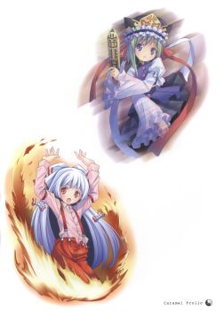 2girls absurdres albino arms_up blue_eyes bow fire frills fujiwara_no_mokou green_hair hair_bow hair_ornament hair_ribbon hat hat_ribbon highres juliet_sleeves long_hair long_sleeves looking_at_viewer multiple_girls open_mouth pants parted_lips pop puffy_sleeves red_eyes ribbon rod_of_remorse scan shiki_eiki shirt short_hair simple_background skirt touhou vest white_background white_hair wide_sleeves