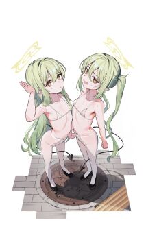 2girls absurdres arm_up bikini bikini_top_only black_tail blue_archive blush breasts demon_tail di_le_to full_body green_hair green_halo halo highres hikari_(blue_archive) loli long_hair looking_at_viewer multiple_girls nozomi_(blue_archive) open_mouth pantyhose pointy_ears siblings simple_background sisters small_breasts sweatdrop swimsuit tail twins twintails white_background white_pantyhose yellow_eyes