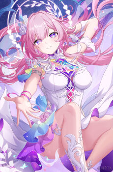 1girl absurdres bare_shoulders commentary_request cyrene_(honkai:_star_rail) cyrene_(ripples_of_past_reverie)_(honkai:_star_rail) diamond-shaped_pupils diamond_(shape) dress flower hair_flower hair_ornament halo highres honkai:_star_rail honkai_(series) lengyu_tk long_hair looking_at_viewer pink_hair pointy_ears purple_eyes reaching reaching_towards_viewer sky smile solo star_(sky) starry_sky symbol-shaped_pupils thighs very_long_hair white_dress