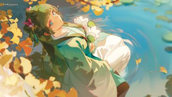 1girl aqua_eyes artist_name blunt_bangs branch chinese_clothes commentary day flower from_above green_hair green_hanfu hair_ornament hanfu highres holding holding_flower kusuriya_no_hitorigoto leaf long_hair looking_at_viewer looking_up maomao_(kusuriya_no_hitorigoto) ripples sitting skirt solo symbol-only_commentary tokitokiee wading water white_skirt