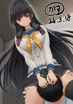 1boy 1girl black_hair black_skirt black_thighhighs blue_sailor_collar breasts commentary_request commission cowboy_shot dated grabbing_another's_hair grabbing_another's_thighs hair_ribbon head_between_thighs hetero holding_another's_hair implied_cunnilingus isokaze_(kancolle) kantai_collection kasu_(kasunohikari) large_breasts long_hair long_sleeves looking_at_another miniskirt neckerchief paid_reward_available pleated_skirt raised_eyebrows red_eyes ribbon sailor_collar school_uniform shirt short_hair sidelocks sitting sitting_on_face sitting_on_person skeb_commission skirt smug thighhighs tress_ribbon very_long_hair white_shirt yellow_neckerchief