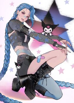 1girl armband bandaid bandaid_on_face bandaid_on_leg bandaid_on_nose black_boots black_bridal_gauntlets black_skirt blue_hair blue_nails boots braid breasts bridal_gauntlets charm_(object) commentary crop_top crossed_bandaids earrings fingernails full_body head_tilt highres jewelry jinx_(league_of_legends) kneeling kuromi league_of_legends long_hair long_sleeves looking_at_viewer miniskirt multicolored_nails nail_polish navel pink_eyes pink_lips pink_nails platform_boots ring sanrio shrug_(clothing) simple_background single_thighhigh skirt small_breasts solo star_(symbol) sumi_(suumiko_) tattoo teeth thighhighs twin_braids twintails very_long_hair