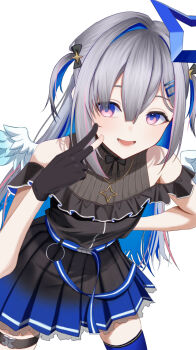 1girl amane_kanata amane_kanata_(work) aqua_wings arm_behind_back asymmetrical_bangs asymmetrical_hair bare_shoulders black_dress black_gloves black_ribbon blue_hair blush bow choker colored_inner_hair commentary_request company_name dress feathered_wings frilled_dress frills gloves gradient_wings grey_hair hair_between_eyes hair_bow hair_ornament hairclip halo highres hololive jewelry long_hair looking_at_viewer multicolored_hair multicolored_wings necklace official_alternate_costume official_alternate_hair_length official_alternate_hairstyle open_mouth partially_fingerless_gloves pink_hair pleated_dress purple_eyes ribbon ribbon_choker salvation48931 simple_background single_hair_intake sleeveless sleeveless_dress smile solo star_(symbol) star_halo star_necklace streaked_hair two_side_up virtual_youtuber white_background wings