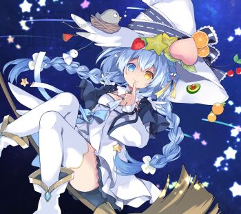 1girl bird blue_eyes blue_hair boots bow braid broom broom_riding commission dress food food-themed_hair_ornament fruit hair_ornament hat hat_ornament heterochromia long_hair looking_at_viewer orange_(fruit) original peach purinpurin skeb_commission smile solo star_(symbol) star_hat_ornament strawberry thighhighs twin_braids white_dress white_thighhighs witch witch_hat yellow_eyes