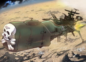 1970s_(style) 1980s_(style) 1990s_(style) arcadia battleship flag flying harlock_saga jolly_roger kujira_gunsou military military_vehicle no_humans retro_artstyle orbit pirate planet retro_artstyle revision science_fiction ship skull_and_crossbones spacecraft space_pirate uchuu_kaizoku_captain_harlock waga_seishun_no_arcadia warship watercraft