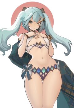 1girl :o absurdres alternate_ass_size aqua_hair bikini bracelet breasts chestnut_mouth commentary distr english_commentary faruzan_(genshin_impact) genshin_impact gluteal_fold green_eyes groin hands_on_own_chest hands_up highres jewelry long_hair looking_at_viewer navel parted_lips ring small_breasts solo stomach swimsuit symbol-shaped_pupils thigh_gap thighs triangle-shaped_pupils twintails