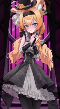 1girl absurdres animal_ear_fluff animal_ears black_dress black_hairband black_pantyhose blue_archive blue_eyes blush cat_ears cat_girl center_frills choker closed_mouth commentary cowboy_shot dress earrings eyelashes flower frilled_choker frilled_dress frills grey_dress hair_between_eyes hair_intakes hairband halo hands_up hat hat_feather hat_flower highres holding holding_microphone idol idol_clothes jewelry long_hair looking_at_viewer low_twintails mari_(blue_archive) mari_(idol)_(blue_archive) microphone official_alternate_costume official_alternate_hairstyle orange_flower orange_hair orange_rose own_hands_together pantyhose rose smile solo spotlight stage top_hat tsurime twintails two-tone_dress ubeuna yellow_halo