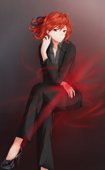 1girl black_footwear black_jacket black_pants black_ribbon blazer breasts brown_eyes cleavage closed_mouth collarbone collared_shirt crossed_legs dress_shirt fate/grand_order fate_(series) female_focus floating_hair formal_clothes fujimaru_ritsuka_(female) fujimaru_ritsuka_(female)_(royal_brand) grey_background grey_shirt hair_between_eyes hair_ribbon high_heels highres jacket long_sleeves looking_at_viewer medium_hair open_clothes open_jacket pant_suit pants partially_unbuttoned pump pumps red_hair ribbon shirt sitting small_breasts solo suit wing_collar yumemo