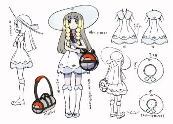 1girl bag blonde_hair braid collared_dress concept_art dress duffel_bag facing_away facing_to_the_side facing_viewer from_side green_eyes hat kneehighs light_frown lillie_(pokemon) long_hair looking_at_viewer multiple_views nintendo official_art poke_ball_theme pokemon pokemon_sm reference_sheet serious shoulder_bag simple_background sleeveless sleeveless_dress socks solo sun_hat sundress translation_request twin_braids white_background white_dress white_hat wide_brim