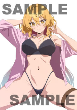 1girl arm_behind_head artist_request black_panties blonde_hair bracelet breasts closed_mouth collared_shirt commentary_request dress_shirt gradient_hair hair_between_eyes hair_ornament hairclip heart heart_necklace highleg highleg_panties jewelry katagiri_nanase large_breasts light_smile long_hair looking_at_viewer mole mole_under_eye multicolored_hair navel necklace no_pants nukigee_mitai_na_shima_ni_sunderu_watashi_wa_dou_surya_ii_desu_ka? official_art open_clothes open_shirt panties pink_shirt sample_watermark shirt solo spread_legs thigh_strap thighs underwear very_long_hair watermark yellow_eyes