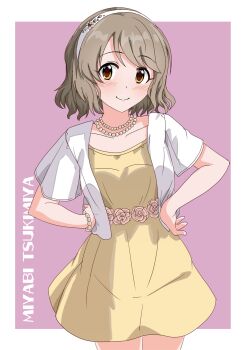 1girl brown_eyes brown_hair character_name cowboy_shot dress hairband hands_on_own_hips highres idolmaster idolmaster_cinderella_girls illustscody jewelry letterboxed looking_at_viewer necklace pink_background pixie_cut short_hair smile solo tsukimiya_miyabi
