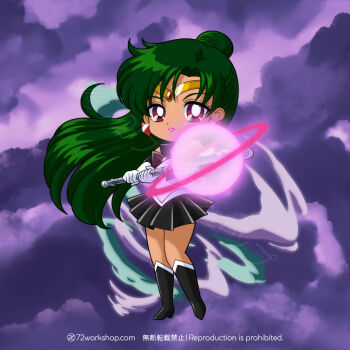 1girl 72workshop bishoujo_senshi_sailor_moon black_boots black_choker black_sailor_collar boots bow brooch chibi choker circlet elbow_gloves garnet_rod gloves green_hair hair_bun high_heels highres jewelry lips long_hair meiou_setsuna red_bow red_eyes sailor_collar sailor_pluto sailor_senshi_uniform single_hair_bun solo white_gloves