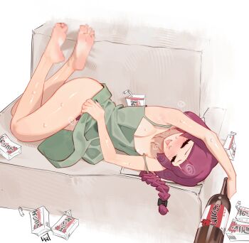 1girl absurdres alcohol_carton arm_up armpits bare_shoulders barefoot blunt_bangs blush bocchi_the_rock! bottle braid braided_ponytail breasts censored censored_feet closed_eyes commentary couch dress drink_carton drunk english_commentary fang feet feet_up female_pubic_hair full_body green_dress highres hiroi_kikuri holding holding_bottle l4wless legs long_hair lying no_panties on_couch open_mouth pubic_hair short_dress simple_background sleeping small_breasts soles solo strap_slip toes white_background