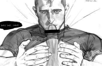 2boys bar_censor bara beard_stubble between_pecs between_pectorals blush call_of_duty call_of_duty:_modern_warfare_2 censored clothes_lift english_text eyelashes facial_hair fellatio highres large_pectorals looking_at_viewer male_focus multiple_boys muscular muscular_male notrealfitzgerald oral pecjob pecjob_under_clothes pectoral_squeeze pectorals shirt_lift short_hair sideburns soap_(modern_warfare_2) solo_focus stubble thick_eyebrows undercut yaoi